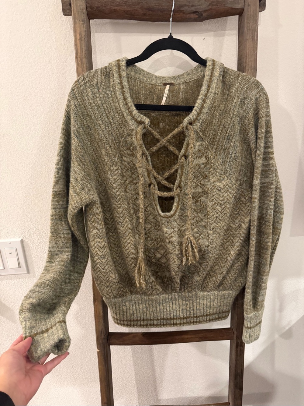 Free People Olive Green Lace-Up V-Neck Sweater